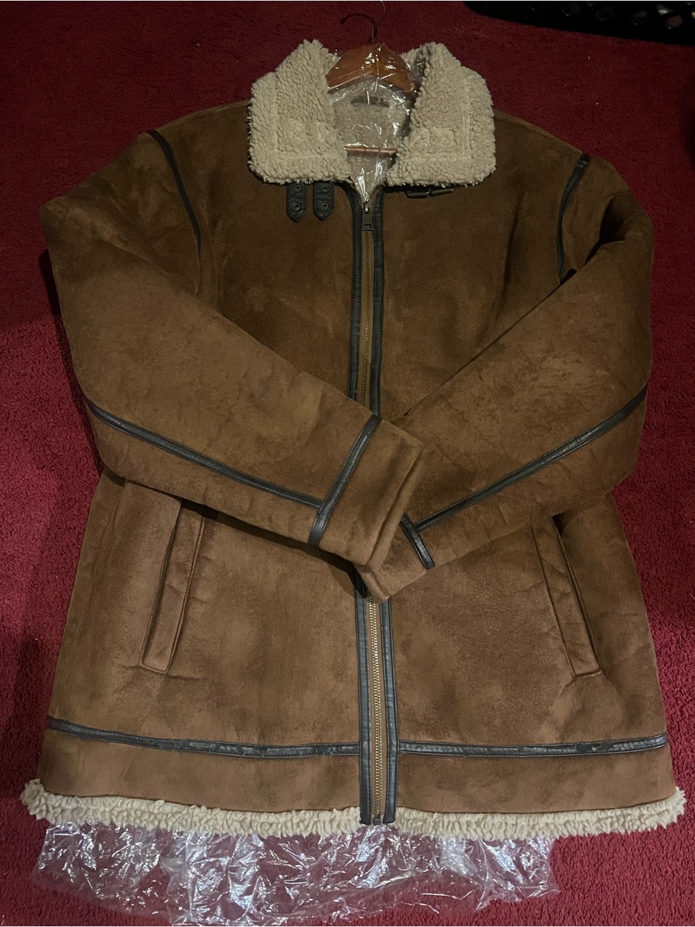 Black Rivet Brown Faux Suede Shearling Jacket with Cream Collar